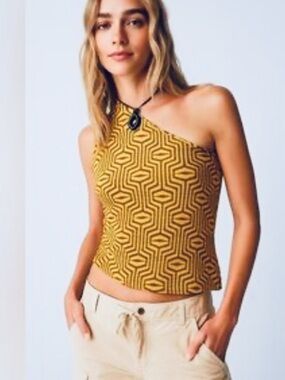 Free People One-Shoulder Geo Top in Gold/Brown
